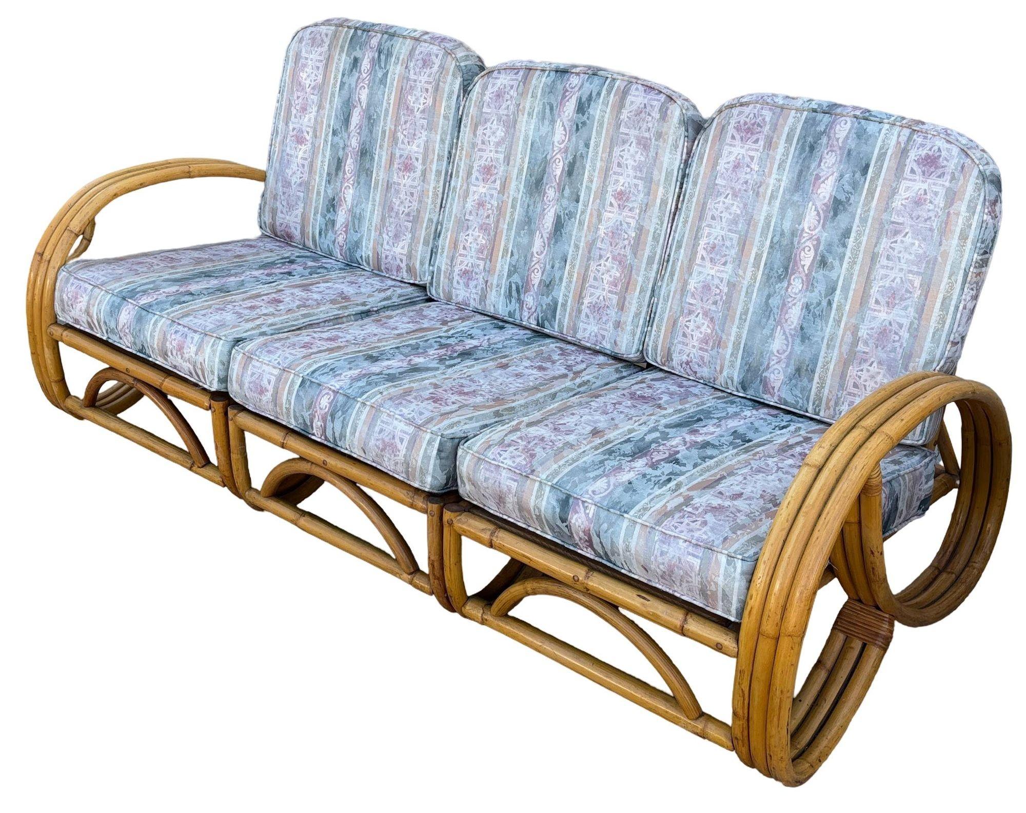 Fabric Restored MCM 3-Strand 3/4 Pretzel Arm Rattan Sofa & Settee Living Room Set For Sale
