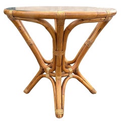 Restored MCM Modernist Rattan Hourglass Round Dining Table w/ Glass Top