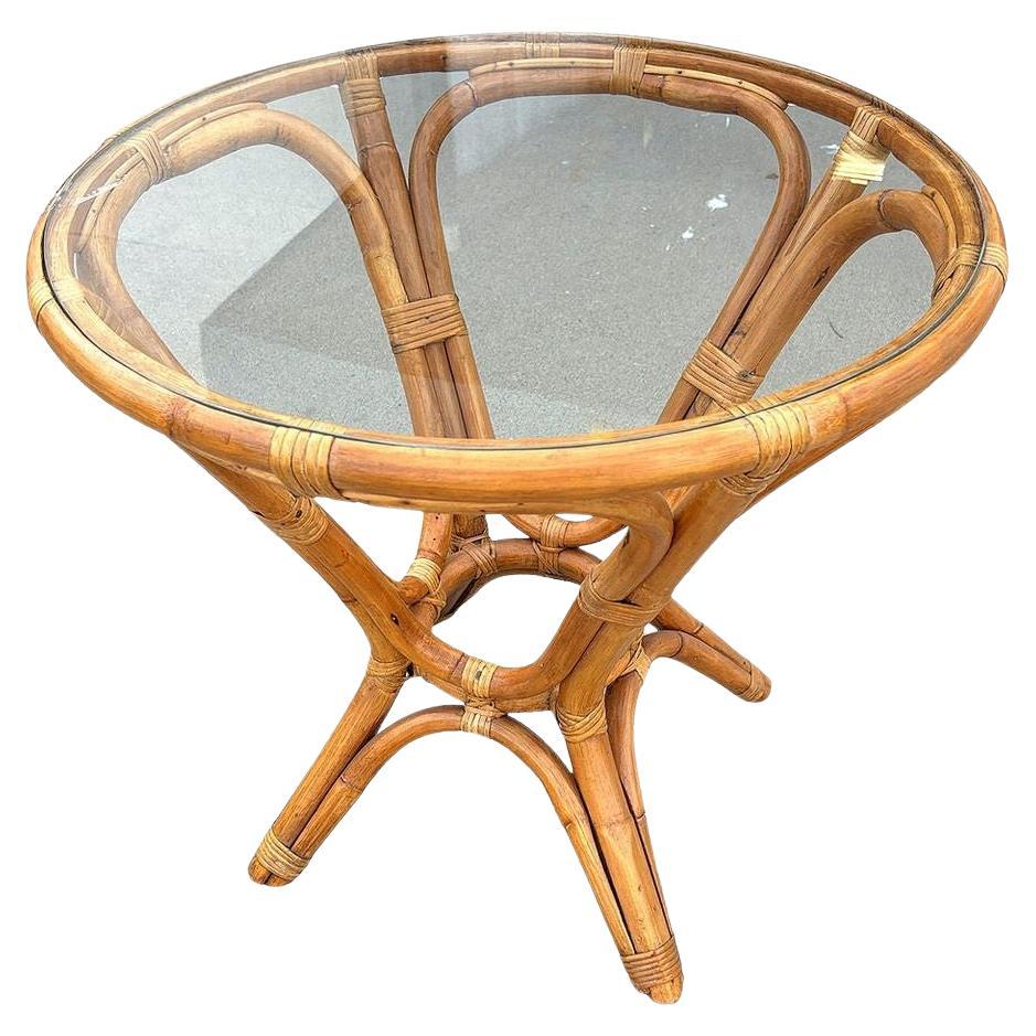 Restored MCM Modernist Rattan Hourglass Round Dining Table w/ Glass Top