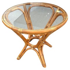 Restored MCM Modernist Rattan Hourglass Round Dining Table w/ Glass Top