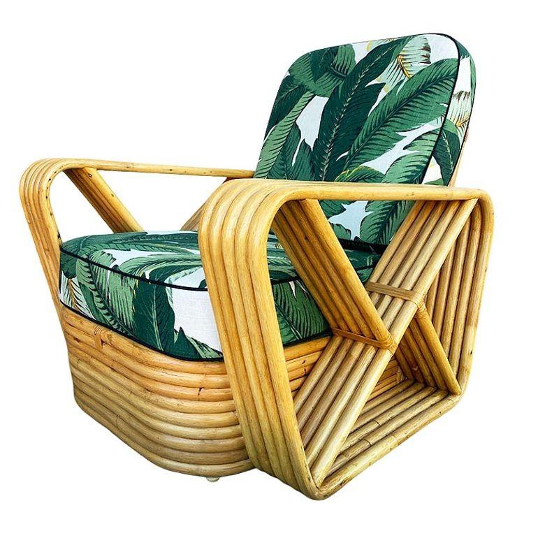 American Restored MCM Paul T Frankl Style Rattan 5-Strand Square Pretzel Lounge Chair For Sale