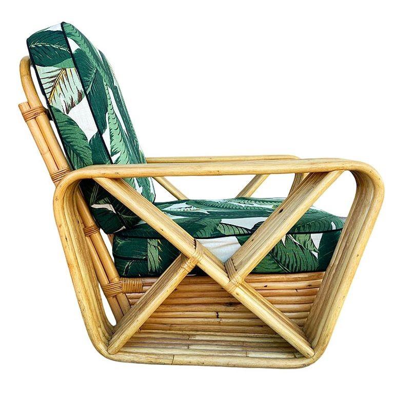 Restored MCM Paul T Frankl Style Rattan 5-Strand Square Pretzel Lounge Chair In Excellent Condition For Sale In Van Nuys, CA
