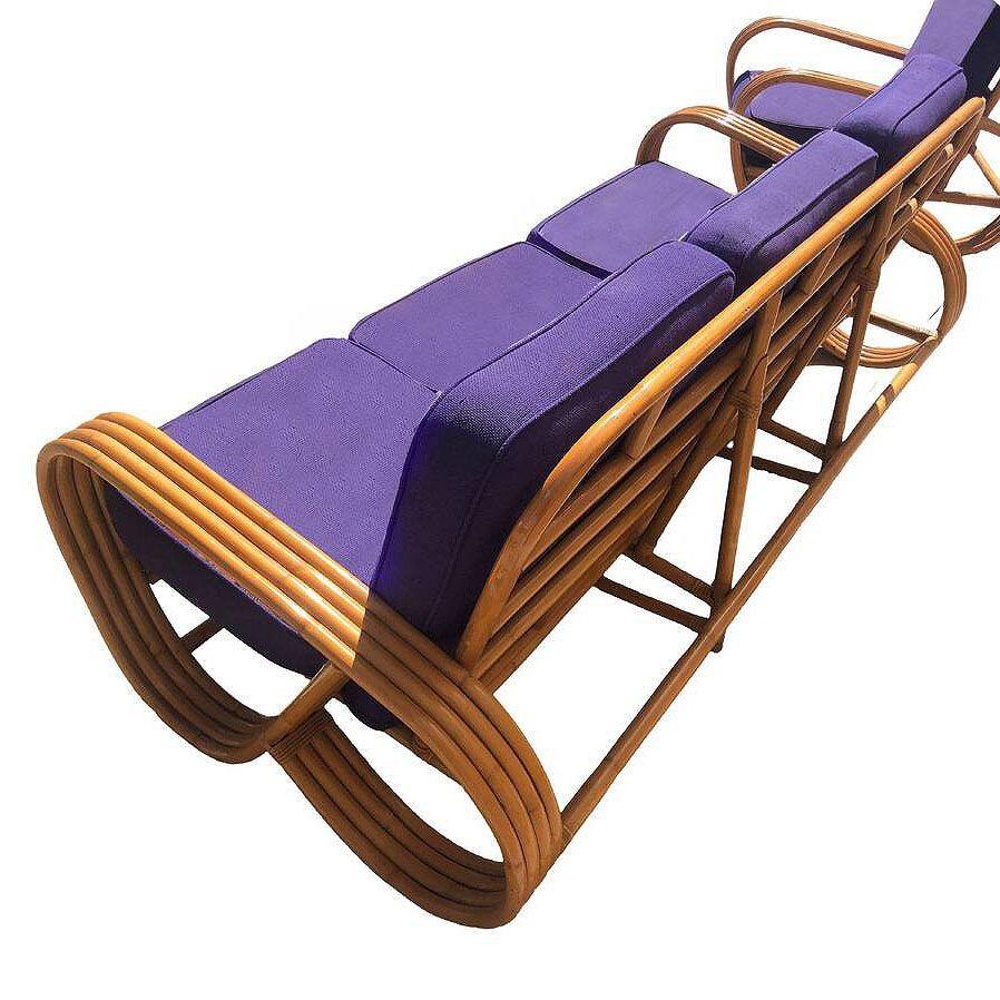 Milieu du XXe siècle Ensemble salon en rotin 4 brins Pretzel inversé restauré Canapé et chaise longue MCM en vente