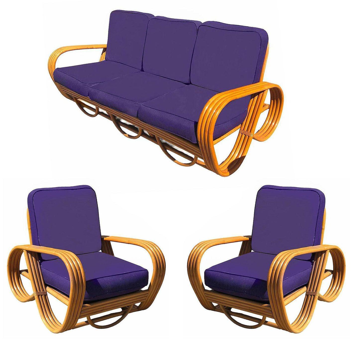 Tissu Ensemble salon en rotin 4 brins Pretzel inversé restauré Canapé et chaise longue MCM en vente