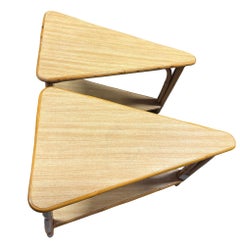 Restored MCM Rattan & Formica 2-Tiered High Arch 3-Strand Wedge Side Table, Pair