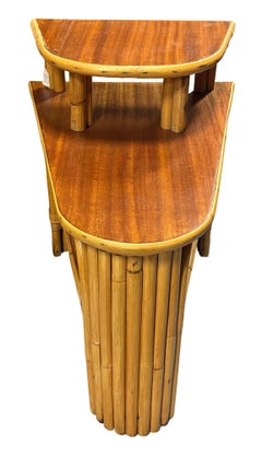 Restored MCM Rattan & Mahogany 3-Tiered Vertically Stacked Rattan Wedge Table