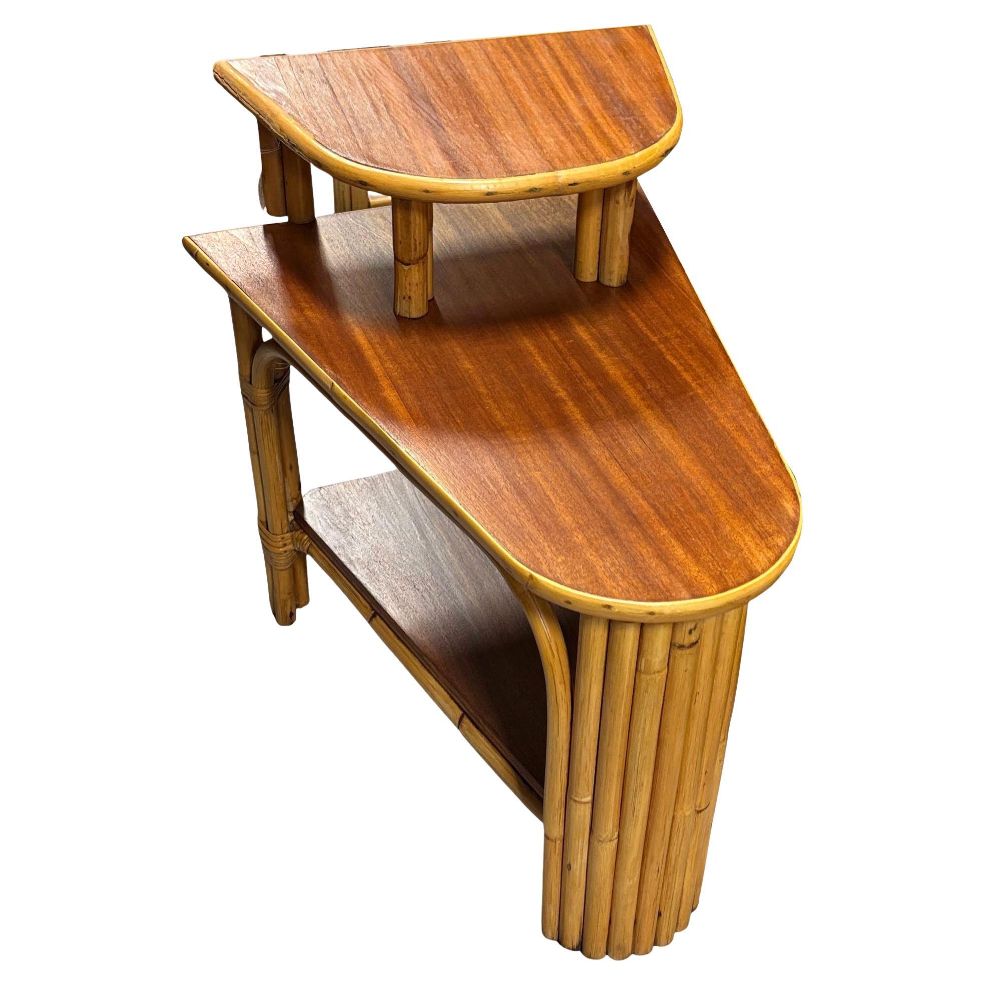 Restored MCM Rattan & Mahogany 3-Tiered Vertically Stacked Rattan Wedge Table