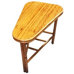 Restored MCM Rattan & Mahogany "Surfbaord" Wedge Side Table w/ Bottom Rack