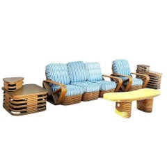 Restored MCM Rattan Six Strand Square Pretzel Table & Seating Livingroom Set