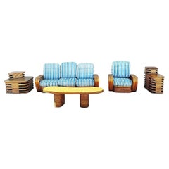 Conjunto de salón restaurado MCM de ratán de seis hilos con mesa cuadrada y asientos