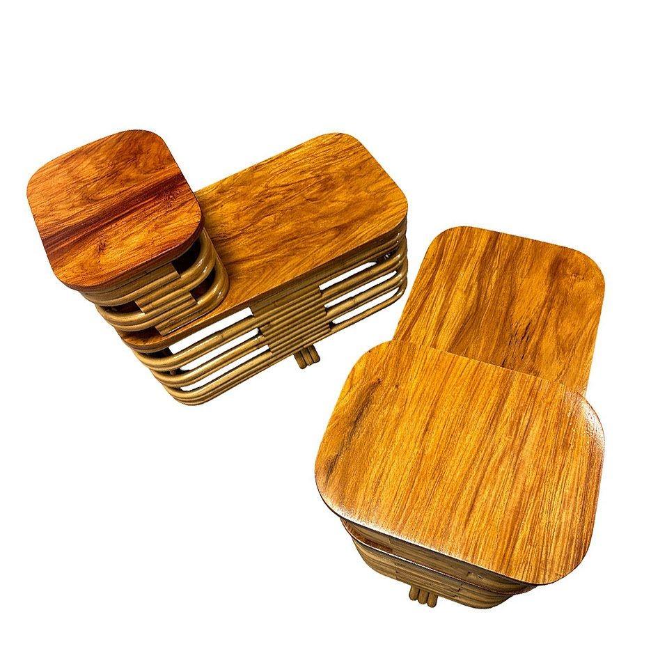 Restored MCM Two-Tier Stacked Rattan Side Table w/Flame Mahogany Tops, Pair In Excellent Condition In Van Nuys, CA