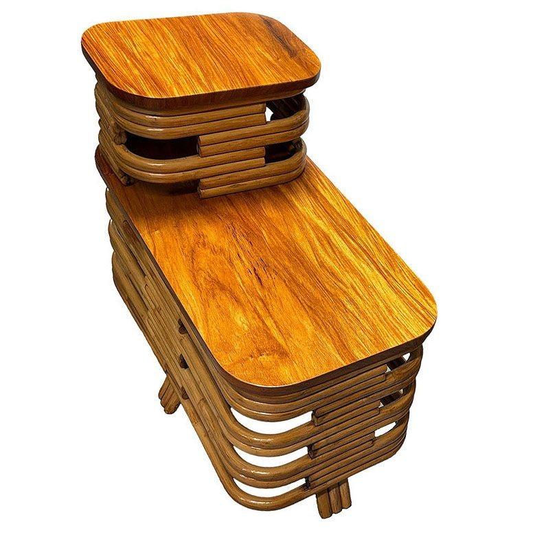 Mid-20th Century Restored MCM Two-Tier Stacked Rattan Side Table w/Flame Mahogany Tops, Pair