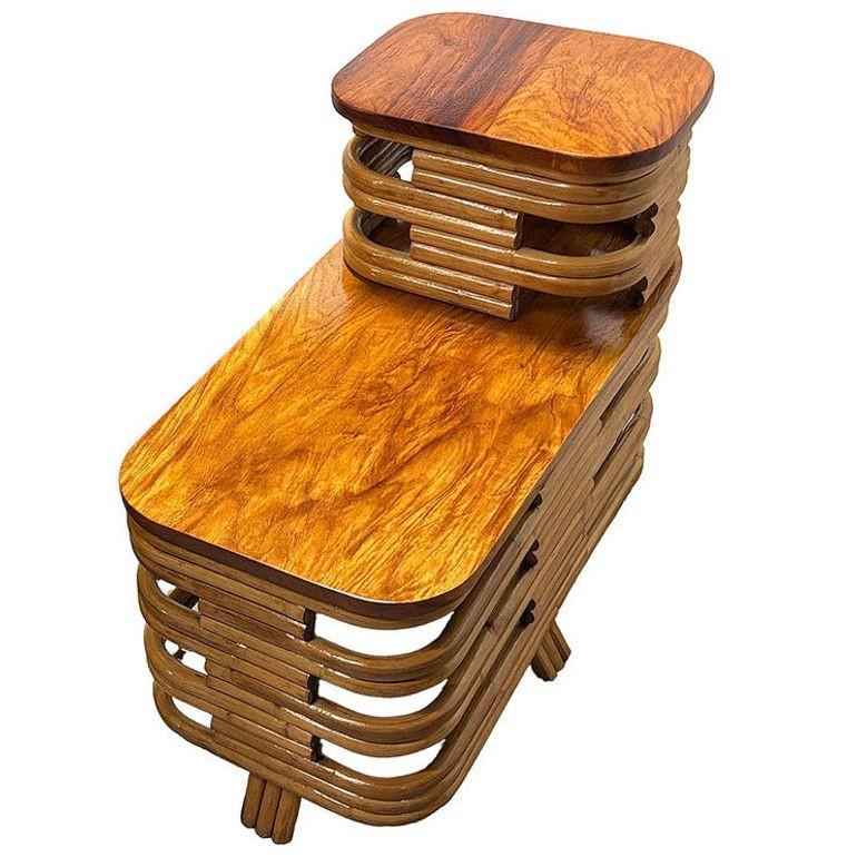 Restored MCM Two-Tier Stacked Rattan Side Table w/Flame Mahogany Tops, Pair 2