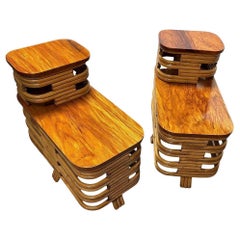 Restored MCM Two-Tier Stacked Rattan Side Table w/Flame Mahogany Tops, Pair