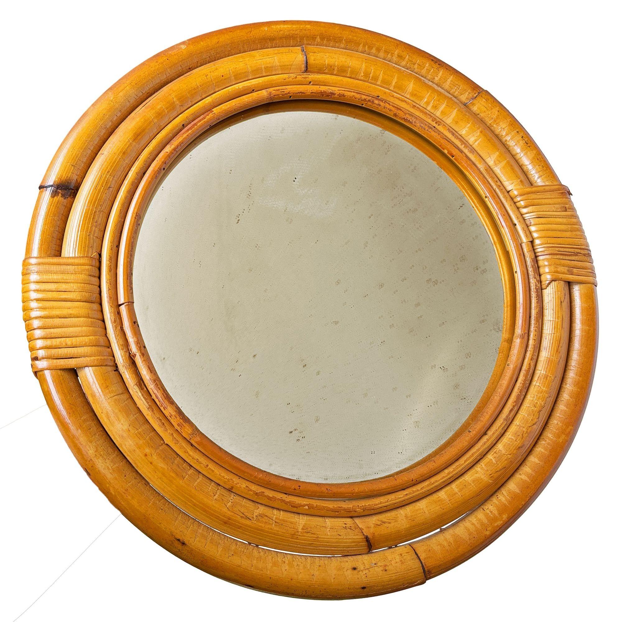 Mid-Century Modern Miroir mural rond en rotin et osier tropical à quatre brins 12