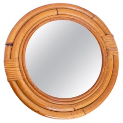 Miroir mural rond en rotin et osier tropical à quatre brins 12" du milieu du siècle restauré