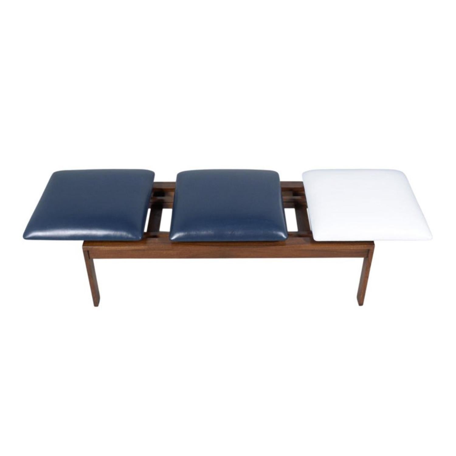 1960s Brown Saltman Mid-Century Walnut Bench with Navy & White Leather Cushions 3