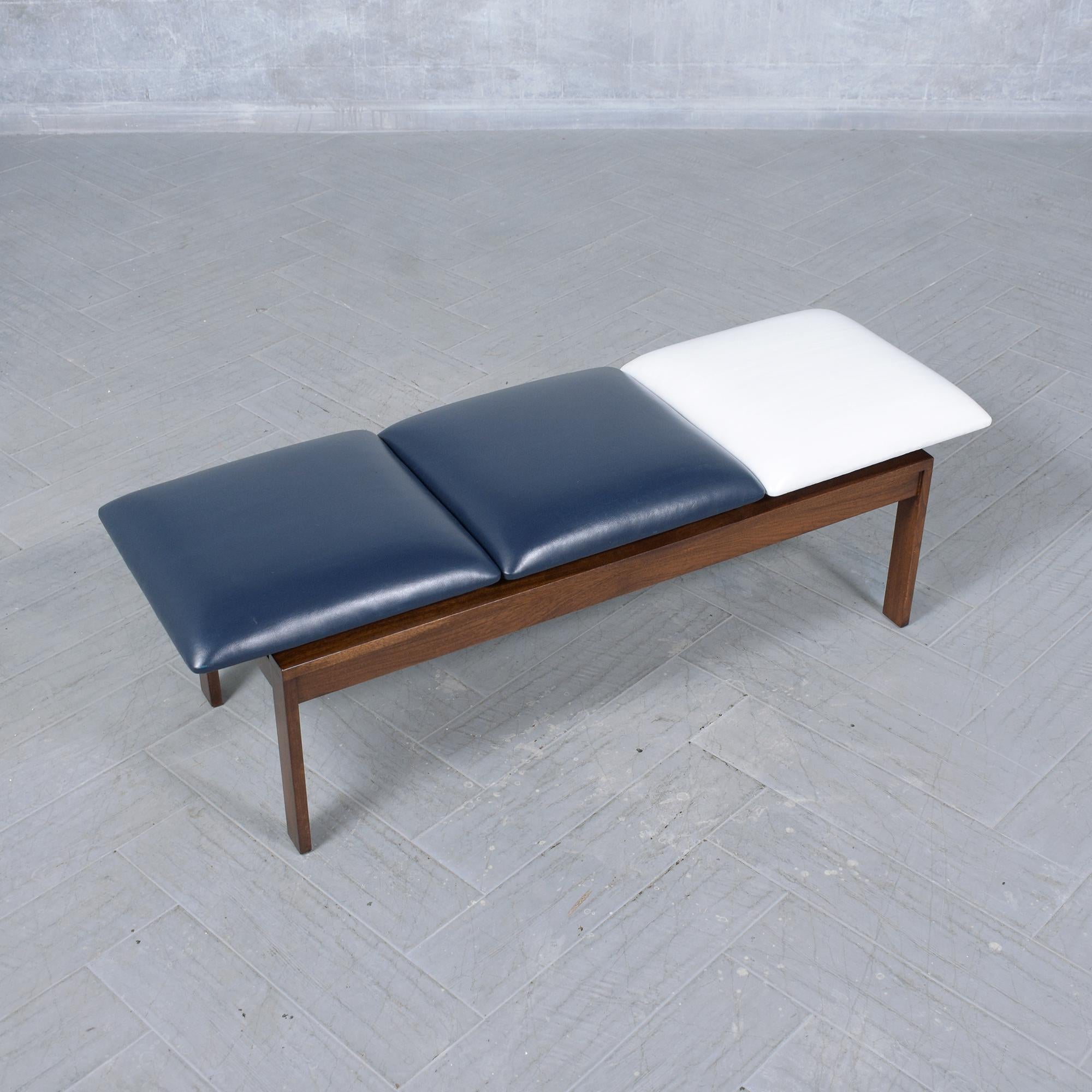 Mid-Century Modern 1960s Brown Saltman Mid-Century Walnut Bench with Navy & White Leather Cushions