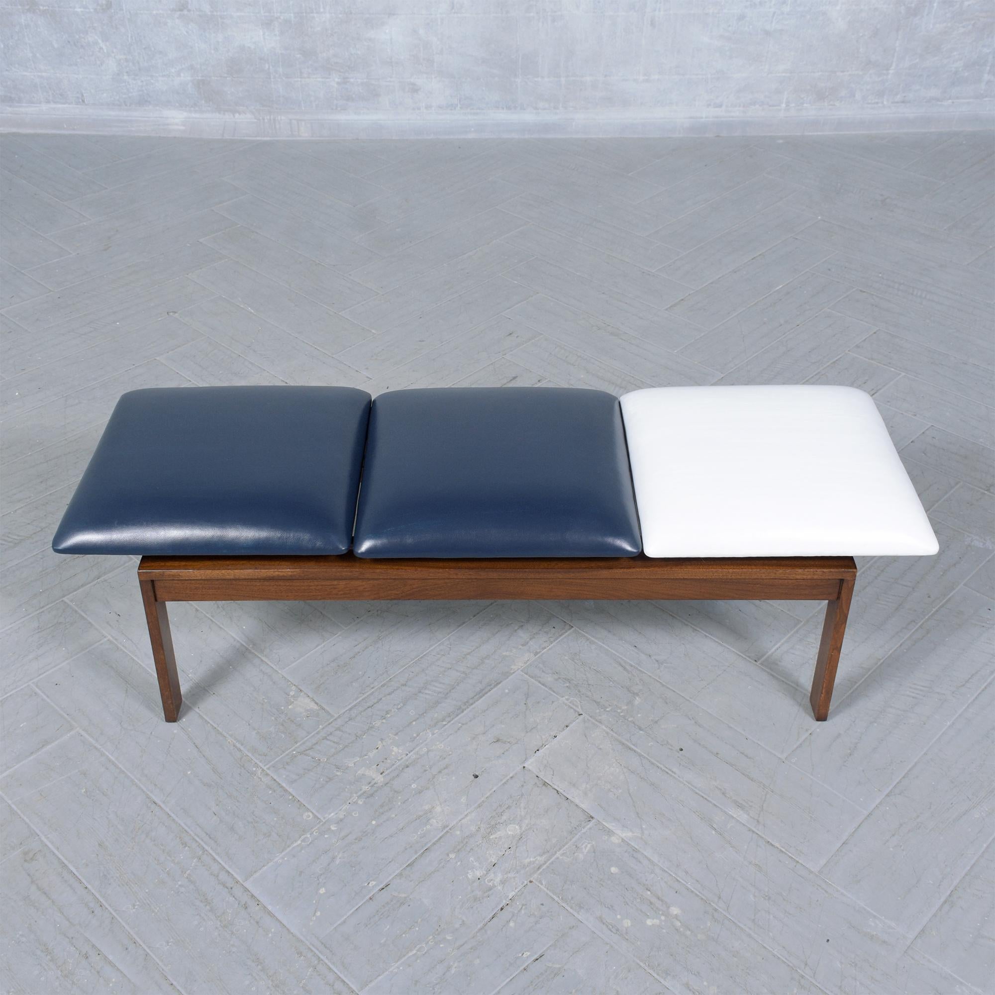 American 1960s Brown Saltman Mid-Century Walnut Bench with Navy & White Leather Cushions