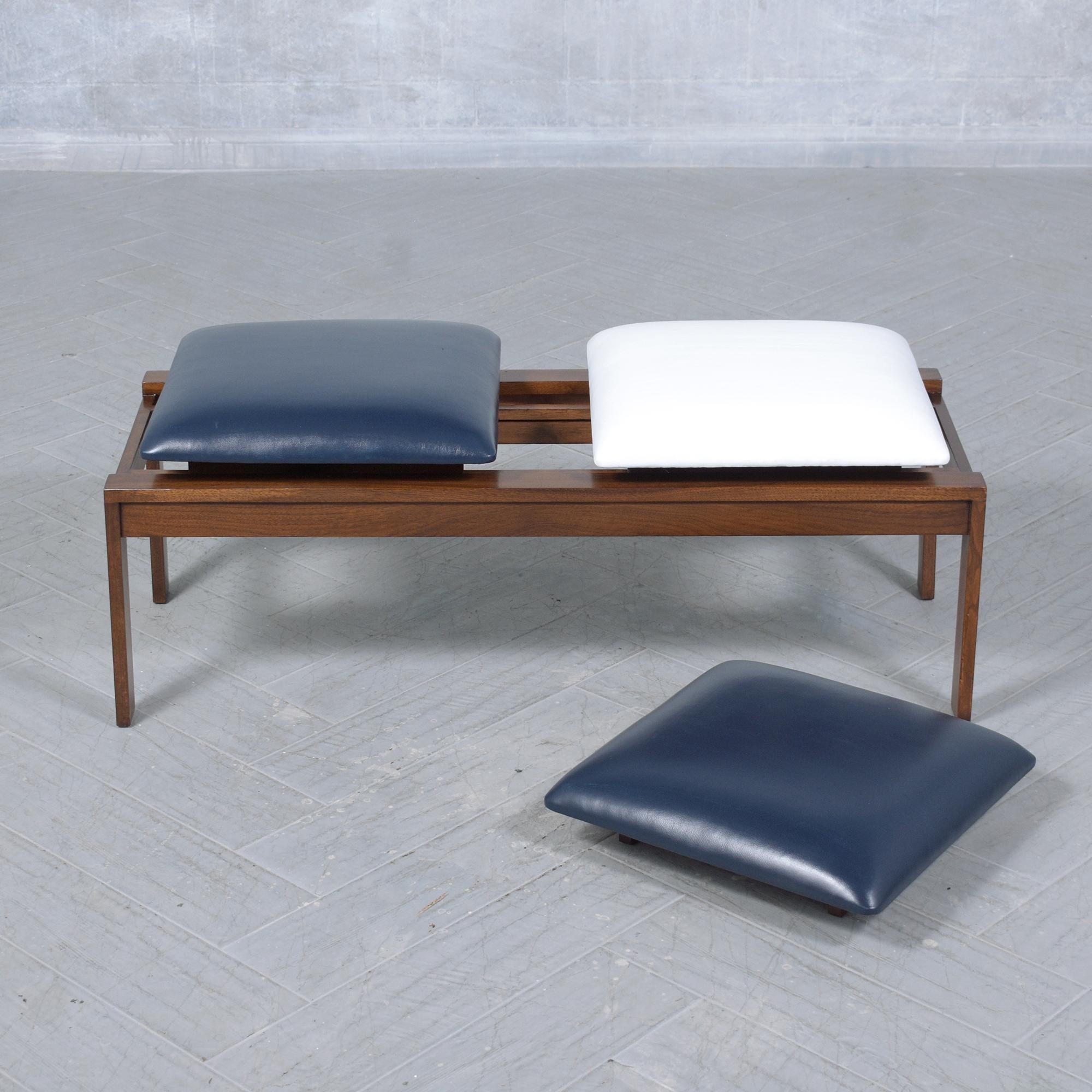 Stained 1960s Brown Saltman Mid-Century Walnut Bench with Navy & White Leather Cushions