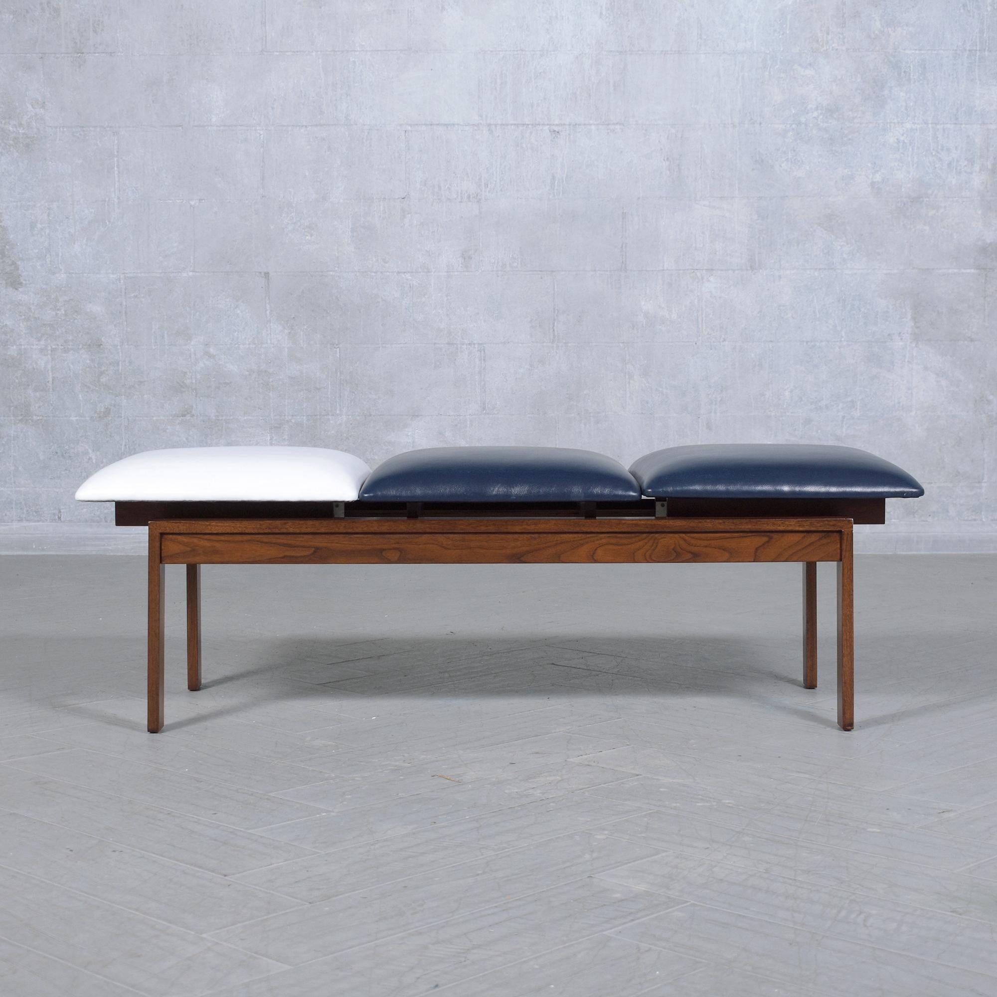 Mid-20th Century 1960s Brown Saltman Mid-Century Walnut Bench with Navy & White Leather Cushions