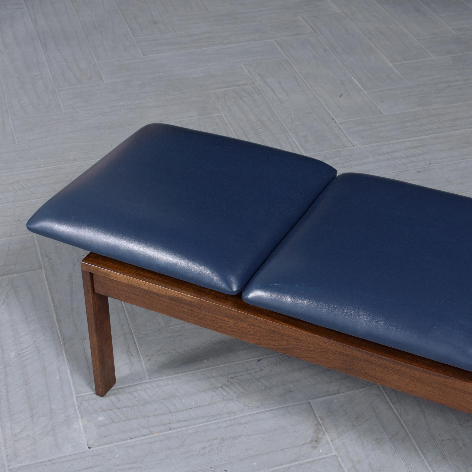 Polyester 1960s Brown Saltman Mid-Century Walnut Bench with Navy & White Leather Cushions