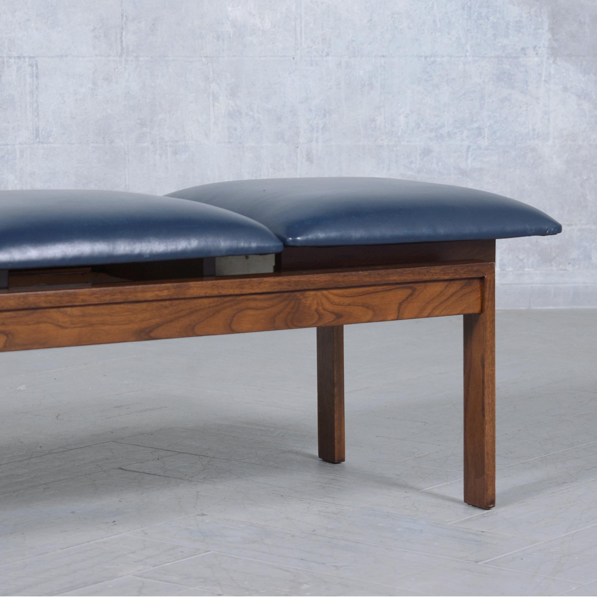 1960s Brown Saltman Mid-Century Walnut Bench with Navy & White Leather Cushions 1