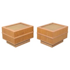 Restored Mid-Century 1960s Oak Side Tables with Rattan Inserts