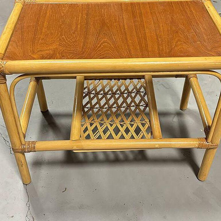 Restored Mid-century 2 Tier Rattan & Wicker Coffee Cocktail Table w Mahogany Top For Sale 5