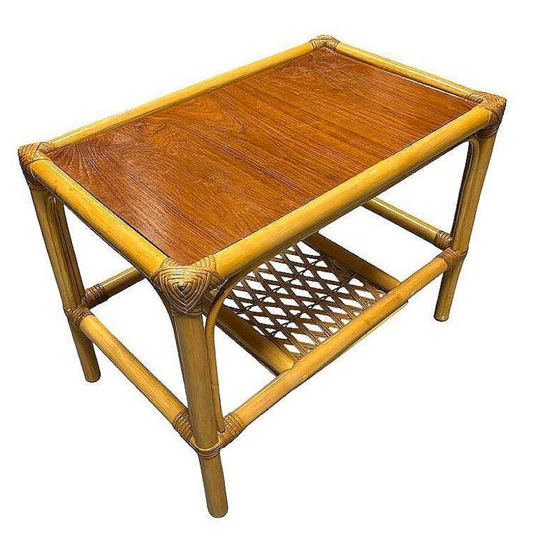 American Restored Mid-century 2 Tier Rattan & Wicker Coffee Cocktail Table w Mahogany Top For Sale