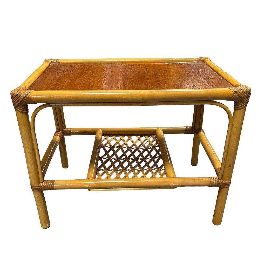 Mid-20th Century Restored Mid-century 2 Tier Rattan & Wicker Coffee Cocktail Table w Mahogany Top For Sale