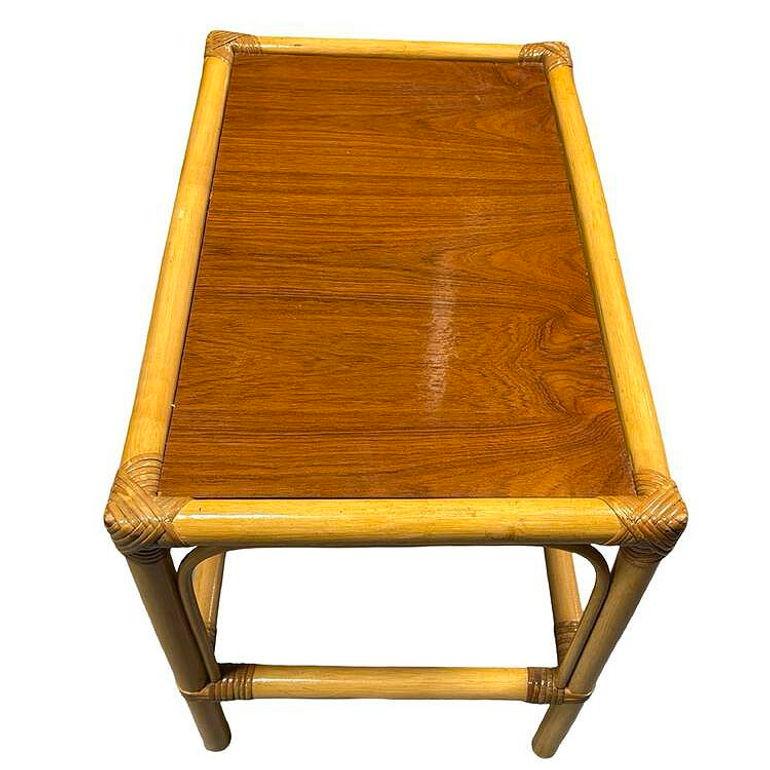 Restored Mid-century 2 Tier Rattan & Wicker Coffee Cocktail Table w Mahogany Top For Sale 1