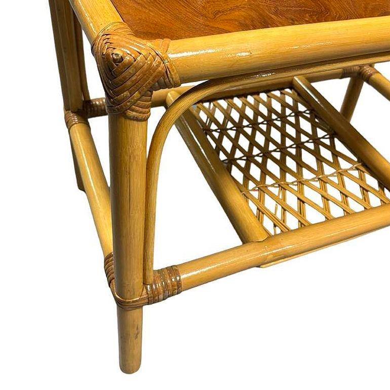 Restored Mid-century 2 Tier Rattan & Wicker Coffee Cocktail Table w Mahogany Top For Sale 3