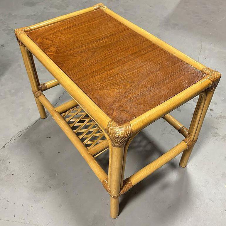 Restored Mid-century 2 Tier Rattan & Wicker Coffee Cocktail Table w Mahogany Top For Sale 4