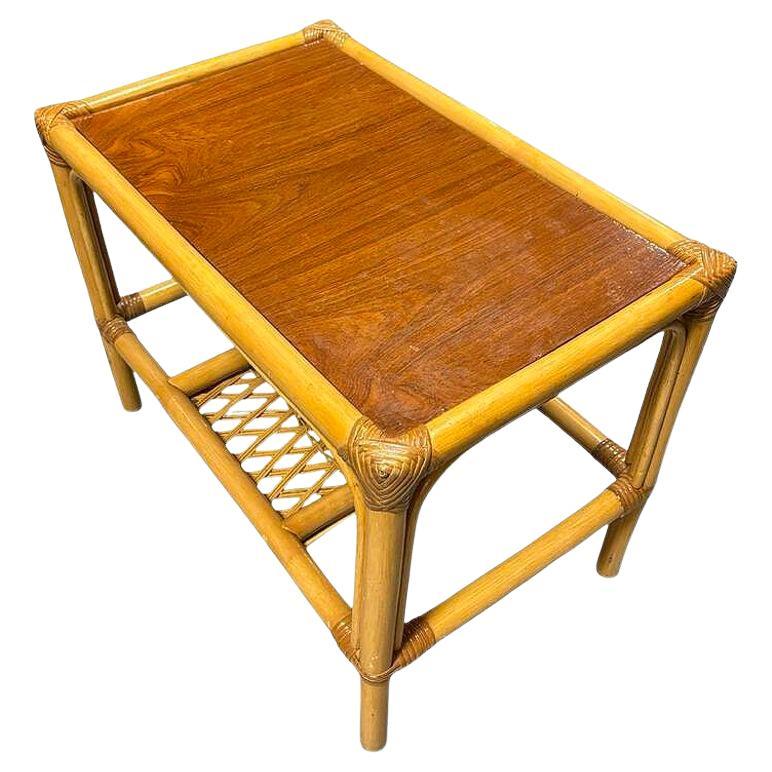 Restored Mid-century 2 Tier Rattan & Wicker Coffee Cocktail Table w Mahogany Top For Sale