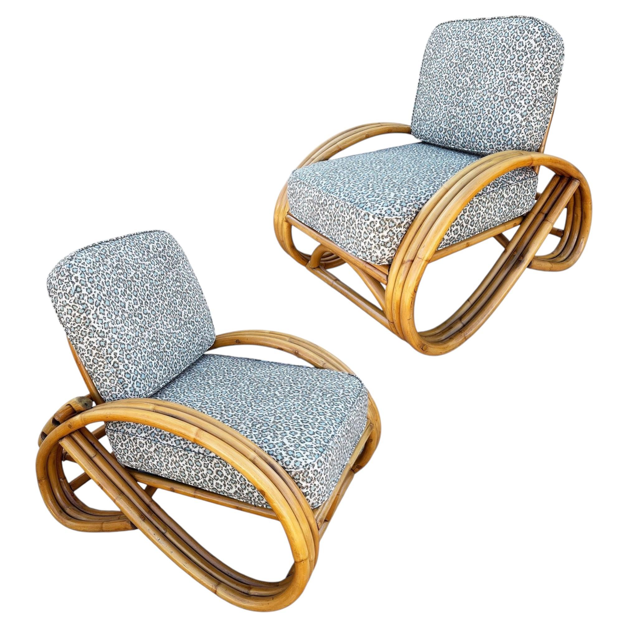 Restored Mid-century 3/4 Round Pretzel Arm Rattan Lounge Chair Set