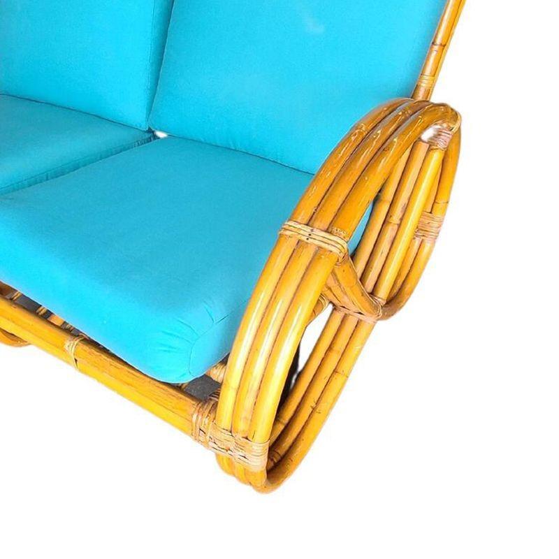Art Deco six-strand square pretzel rattan settee with custom-made cushions available C.O.M.
Restored to new for you.
All rattan, bamboo, and wicker furniture has been painstakingly refurbished to the highest standards with the best materials. All