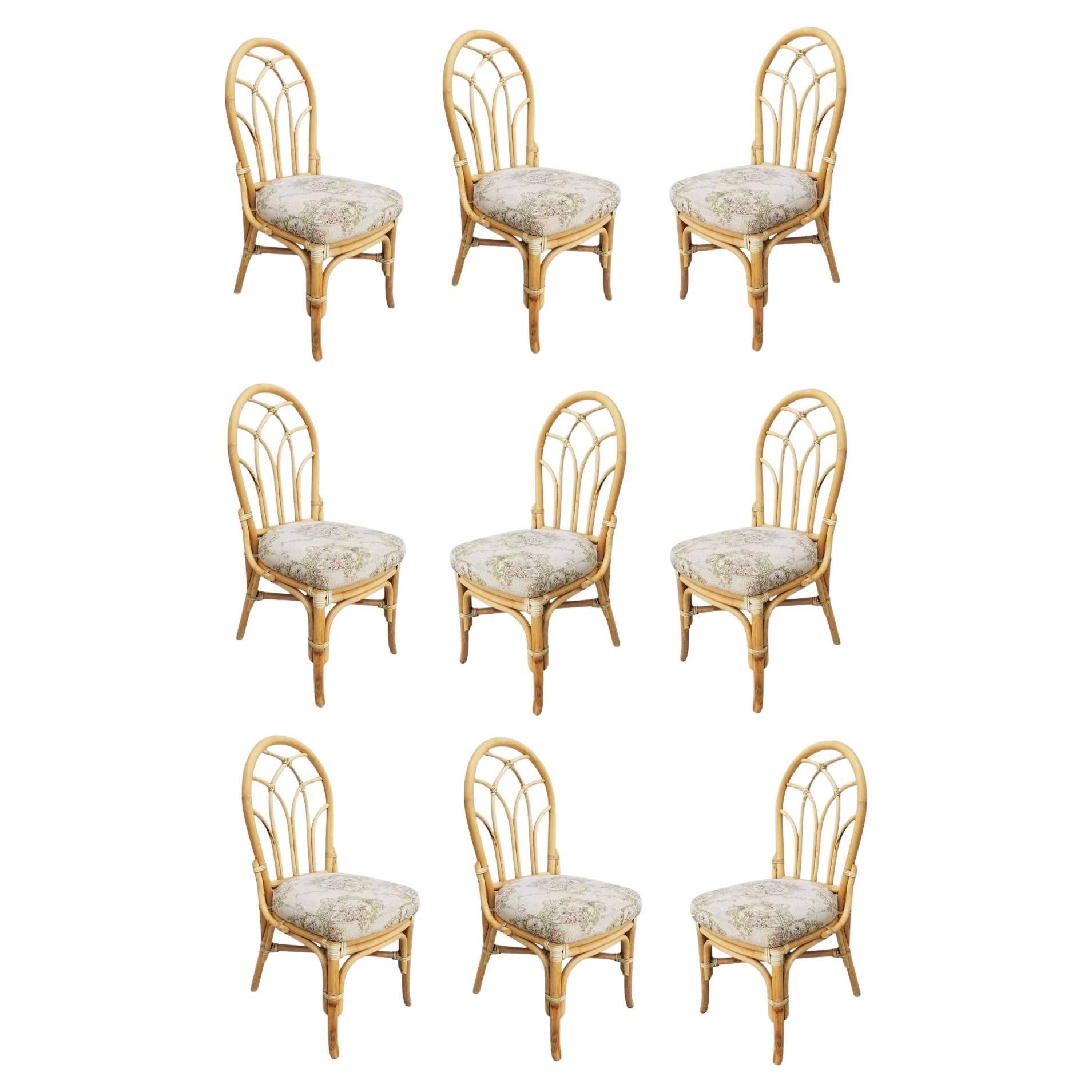 Sedie da pranzo restaurate del Mid Century a 3 fili di rattan con schienale floreale, set di 9