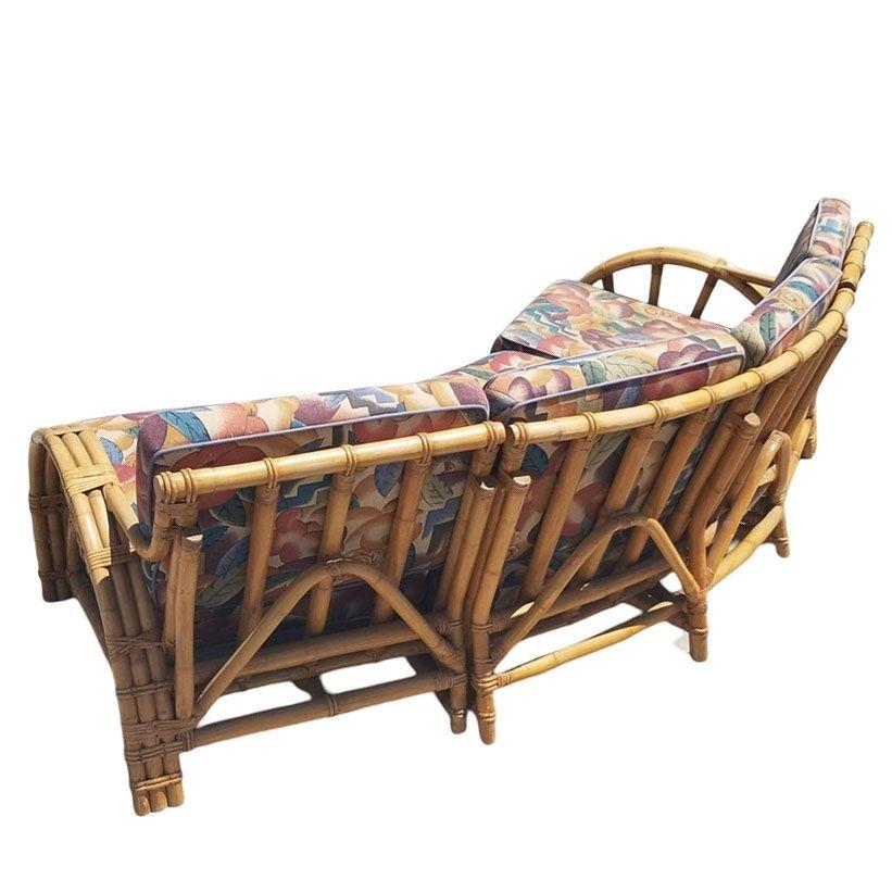 Milieu du XXe siècle Canapé d'angle sectionnel restauré mi-siècle en rotin à 3 brins avec bras demi-lune en vente