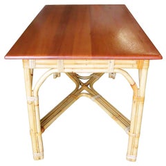Restored Midcentury 3-Strand X-Base Rattan and Mahogany Dining Table