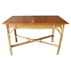 Restored Midcentury 3-Strand X-Base Rattan and Mahogany Dining Table