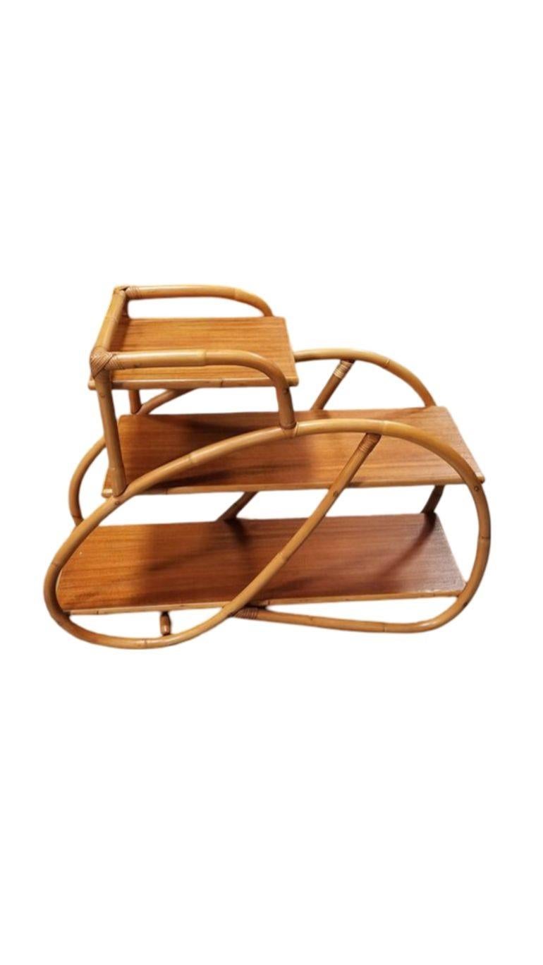 Restored Mid-century 3-Tier 3/4 Pretzel Rattan Side Table w/ Mahogany Top In Excellent Condition For Sale In Van Nuys, CA