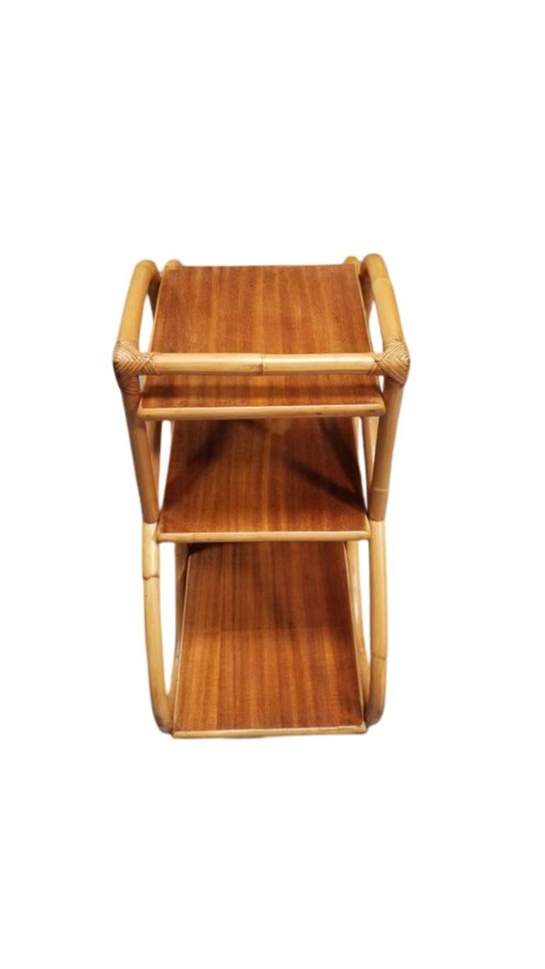 Mid-20th Century Restored Mid-century 3-Tier 3/4 Pretzel Rattan Side Table w/ Mahogany Top For Sale