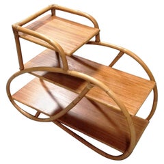 Restored Mid-century 3-Tier 3/4 Pretzel Rattan Side Table w/ Mahogany Top