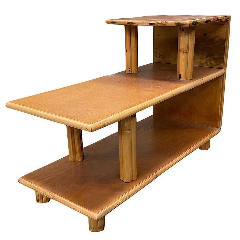 Mid-Century Modern Restored Mid-century 3-Tier Rattan & Mahgony Side Lamp Table For Sale