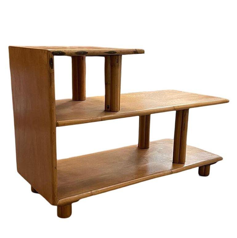 American Restored Mid-century 3-Tier Rattan & Mahgony Side Lamp Table For Sale