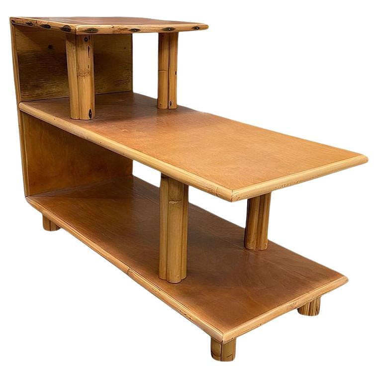 Restored Mid-century 3-Tier Rattan & Mahgony Side Lamp Table
