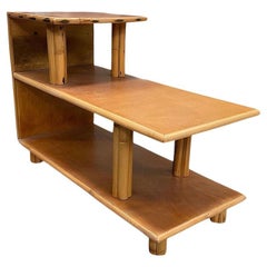 Restored Mid-century 3-Tier Rattan & Mahgony Side Lamp Table
