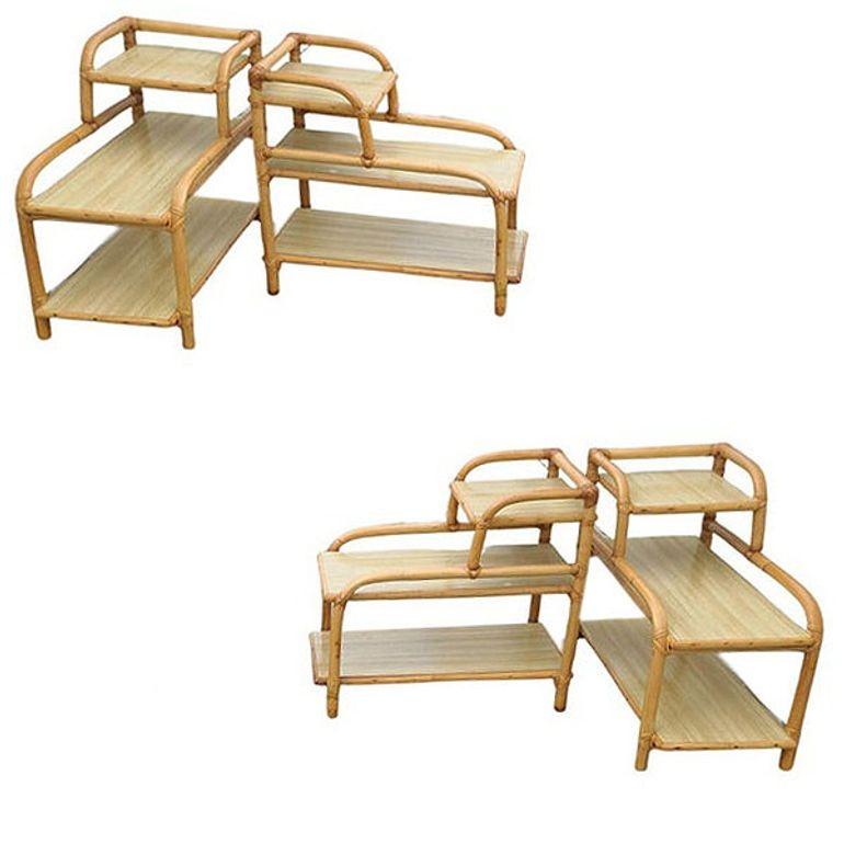Beautifully restored set of four 3-tier side tables featuring a single stand frame with blond Formica tops and steam-bent rounded corners wrapped in wicker along the corners. The tables blend style and vintage charm with modern comfort. Each table