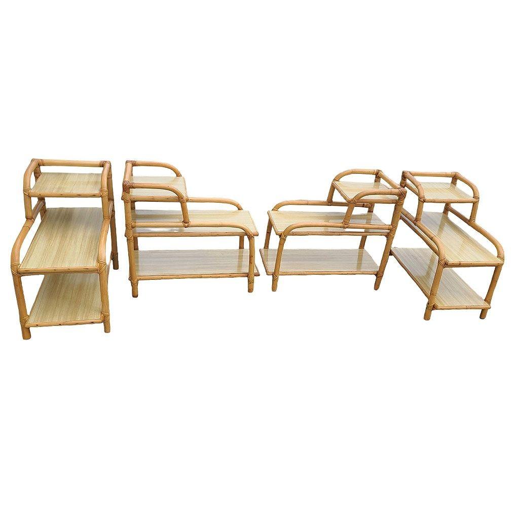 American Restored Mid-century 3-Tier Rattan Side Lamp Table Living Room Set of 4 For Sale